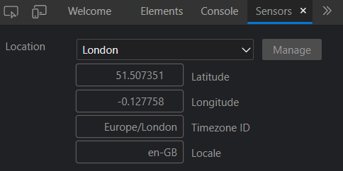 Selecting London as location in the Sensors window