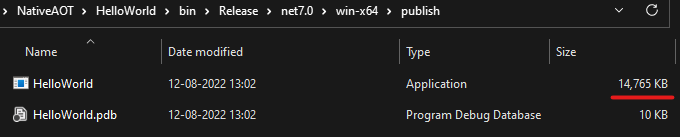 Published output for PublishSingleFile + PublishTrimmed + PublishReadyToRun + SelfContaied options